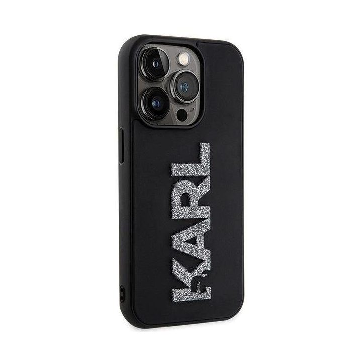 iPhone 15 Pro Max Karl Lagerfeld 3D guminis blizgus dėklas su logotipu - juodas