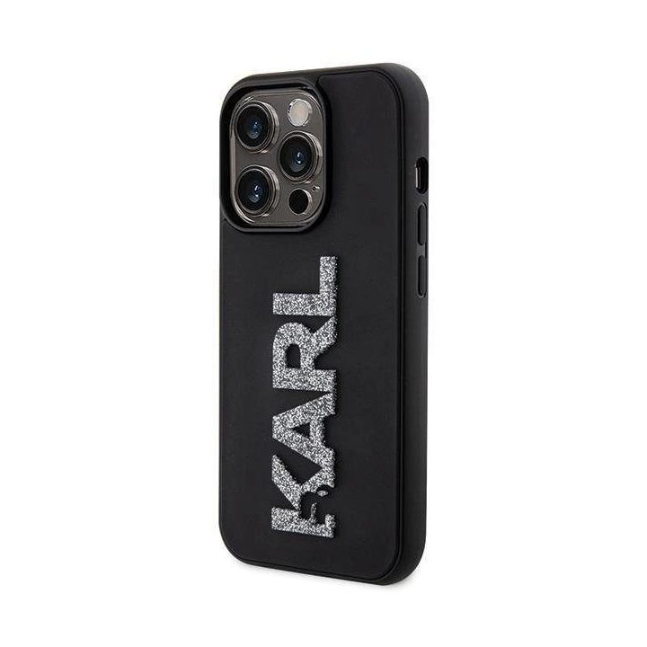 iPhone 15 Pro Max Karl Lagerfeld 3D guminis blizgus dėklas su logotipu - juodas