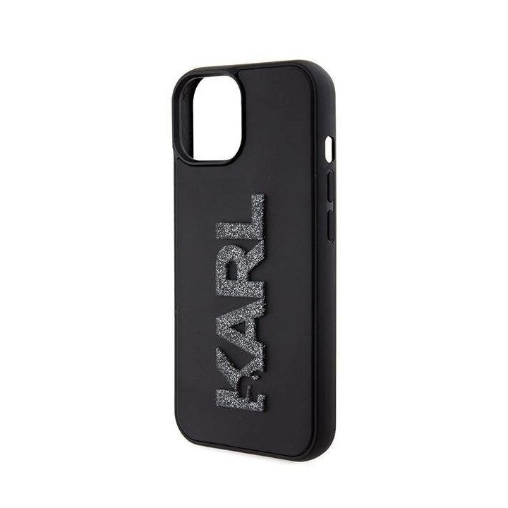 IPhone 15 Karl Lagerfeld 3D Rubber Glitter Logo dėklas - juodas