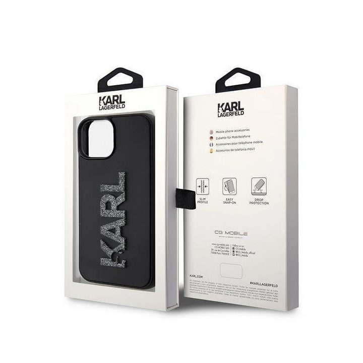 IPhone 15 Karl Lagerfeld 3D Rubber Glitter Logo dėklas - juodas