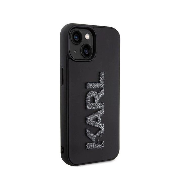 IPhone 15 Karl Lagerfeld 3D Rubber Glitter Logo dėklas - juodas