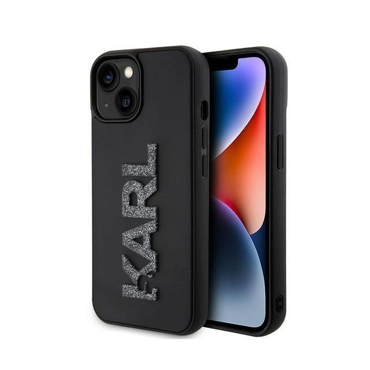 IPhone 15 Karl Lagerfeld 3D Rubber Glitter Logo dėklas - juodas