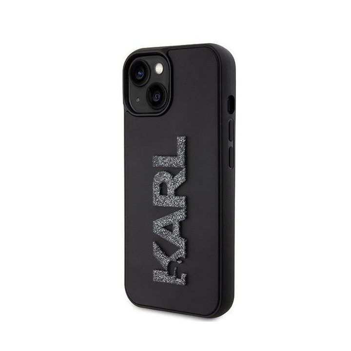 IPhone 15 Karl Lagerfeld 3D Rubber Glitter Logo dėklas - juodas