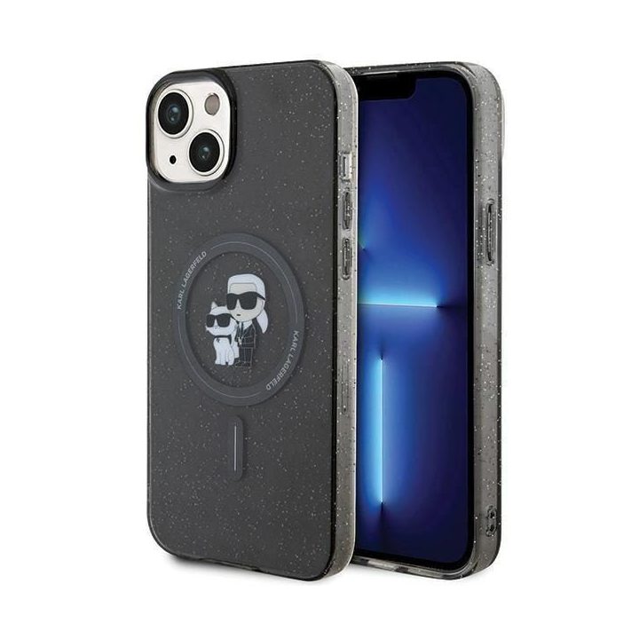 IPhone 15 Karl Lagerfeld Karl&Choupette Glitter MagSafe dėklas - juodas