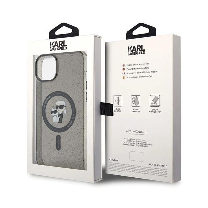 IPhone 15 Karl Lagerfeld Karl&Choupette Glitter MagSafe dėklas - juodas