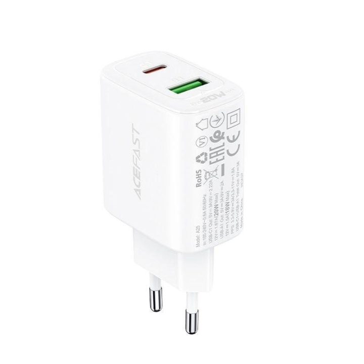 sieninis įkroviklis USB C tipo / USB 20W, PPS, PD, QC 3.0, AFC, FCP baltas (A25 baltas)