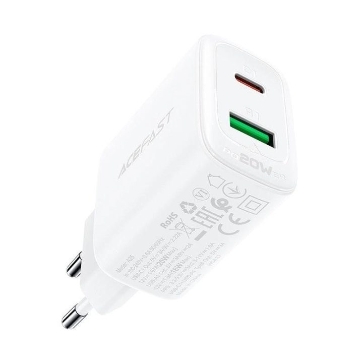 sieninis įkroviklis USB C tipo / USB 20W, PPS, PD, QC 3.0, AFC, FCP baltas (A25 baltas)