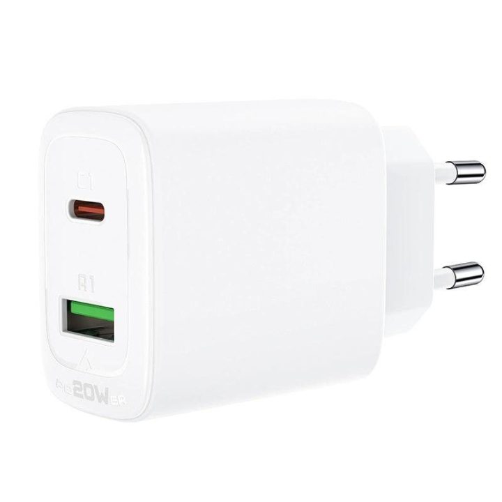 sieninis įkroviklis USB C tipo / USB 20W, PPS, PD, QC 3.0, AFC, FCP baltas (A25 baltas)