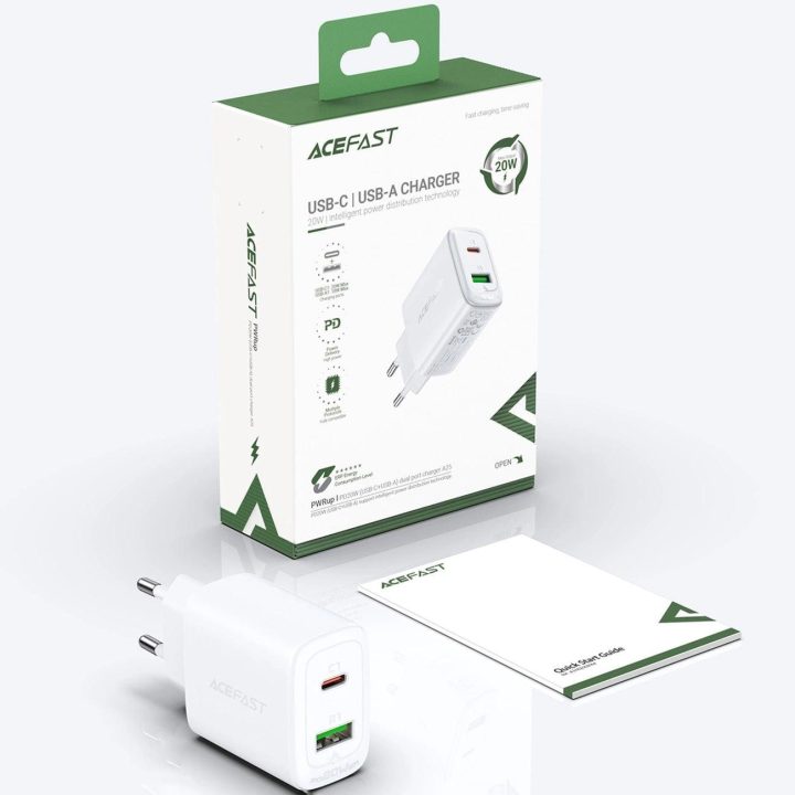 sieninis įkroviklis USB C tipo / USB 20W, PPS, PD, QC 3.0, AFC, FCP baltas (A25 baltas)