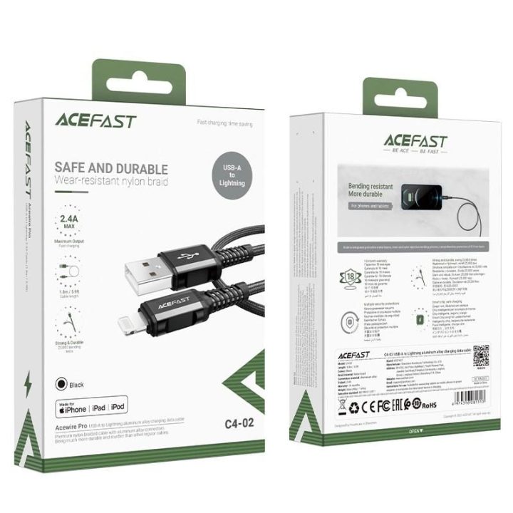 kabelis MFI USB - Lightning 1,8 m, 2,4 A, juodas (C4-02 A Black)