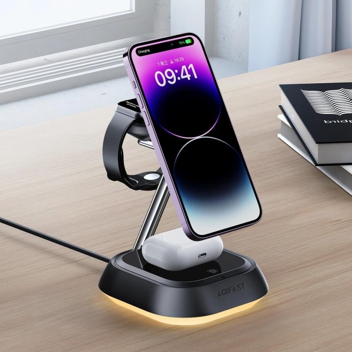 indukcinė telefono / ausinių / laikrodžio įkrovimo stotelė - juoda 3in1 Acefast E16 15W