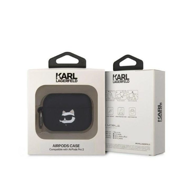 Karl Lagerfeld KLAP2RUNCHK AirPods Pro 2 dangtelis juodas/juodas Silikoninis Choupette Head 3D