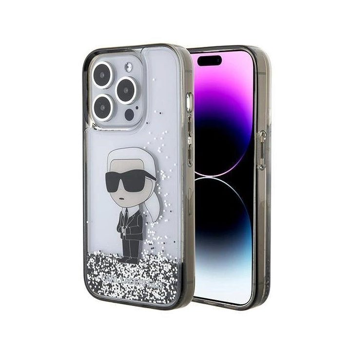 iPhone 15 Pro - skaidrus Karl Lagerfeld Liquid Glitter Ikonik dėklas