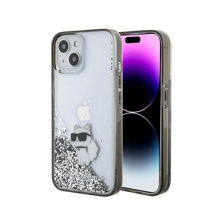 iPhone 15 - skaidrus Karl Lagerfeld Liquid Glitter Choupette dėklas