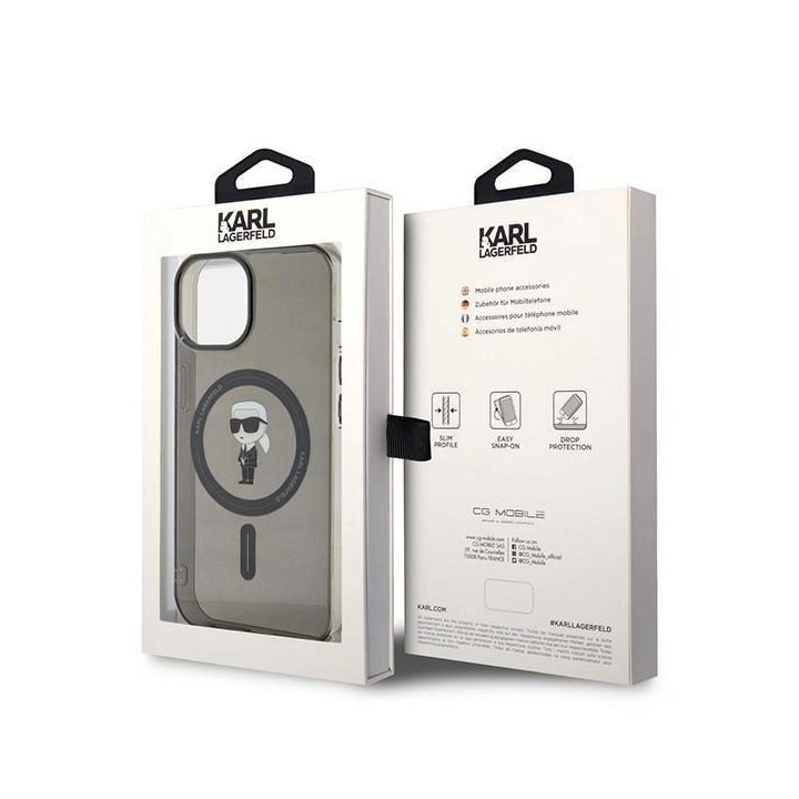 iPhone 15 - juodas Karl Lagerfeld IML Ikonik MagSafe dėklas