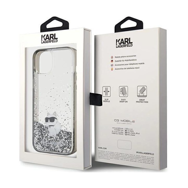 iPhone 15 Plus - skaidrus Karl Lagerfeld Liquid Glitter Choupette dėklas