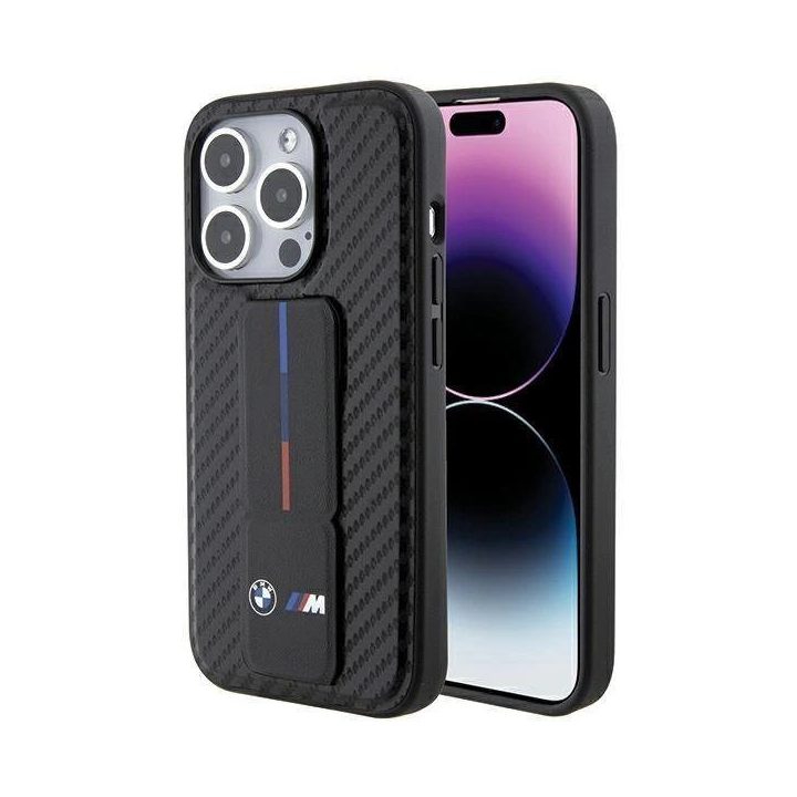 BMW Grip Stand Smooth & Carbon dėklas iPhone 15 Pro - juodas