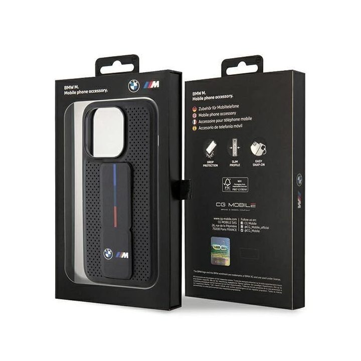 BMW Grip Stand Smooth & Perforated dėklas iPhone 15 Pro - juodas
