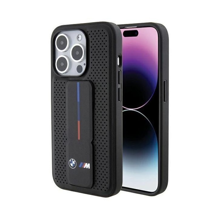 BMW Grip Stand Smooth & Perforated dėklas iPhone 15 Pro - juodas