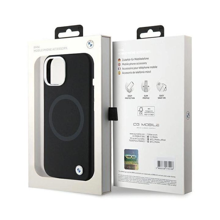 iPhone 15 - juodas BMW Signature Liquid Silicone MagSafe dėklas