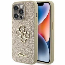 iPhone 15 Pro - auksinis Guess Glitter Script Big 4G dėklas