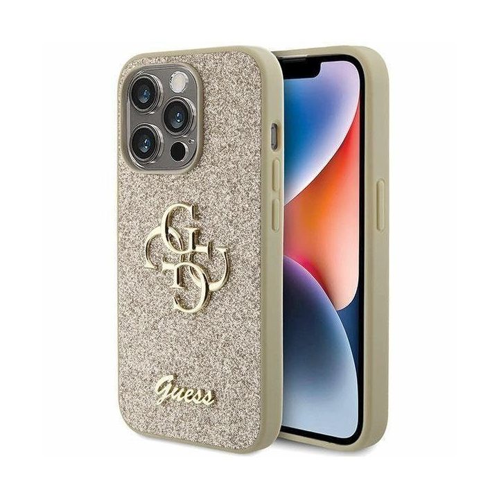 iPhone 15 Pro - auksinis Guess Glitter Script Big 4G dėklas