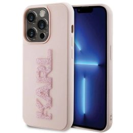 iPhone 15 Pro - rožinis Karl Lagerfeld 3D Rubber Glitter Logo dėklas