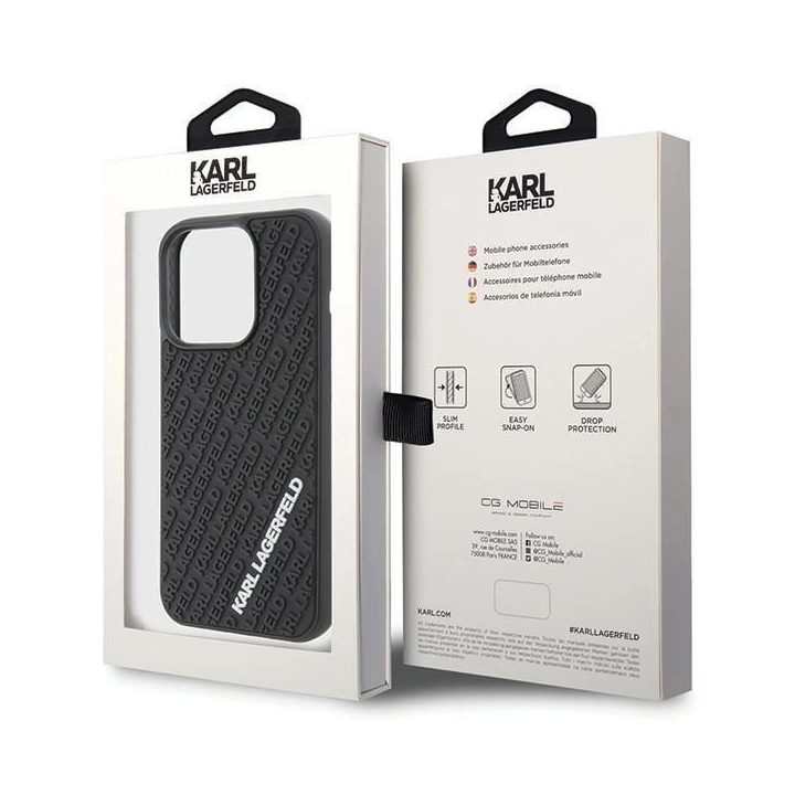iPhone 15 Pro - juoda Karl Lagerfeld 3D guminis dėklas su keliais logotipais