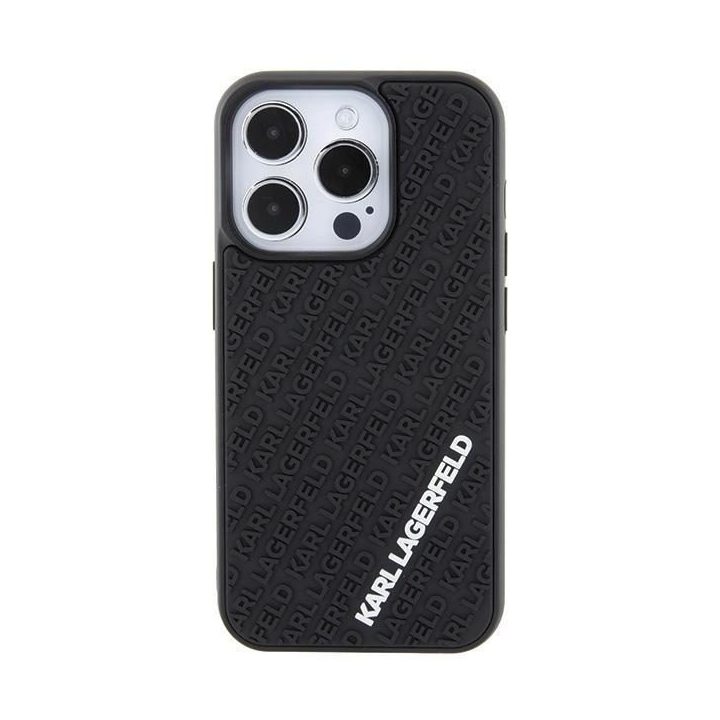 iPhone 15 Pro - juoda Karl Lagerfeld 3D guminis dėklas su keliais logotipais