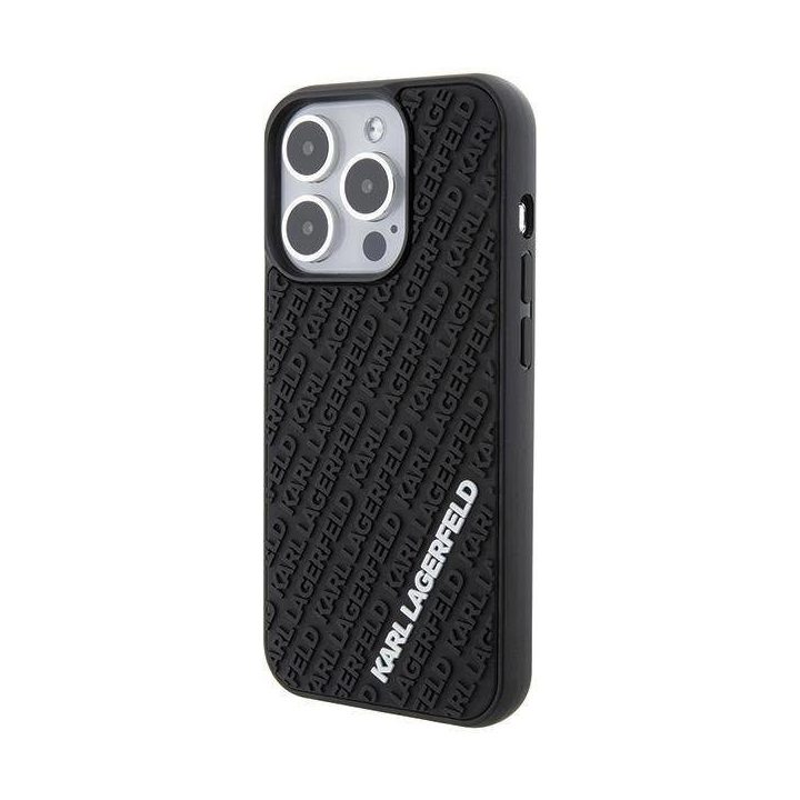iPhone 15 Pro - juoda Karl Lagerfeld 3D guminis dėklas su keliais logotipais