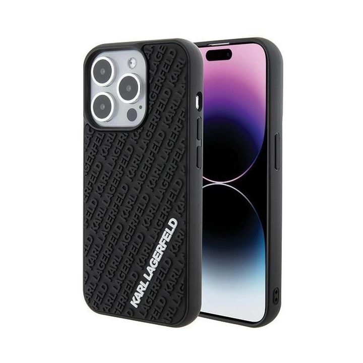 iPhone 15 Pro - juoda Karl Lagerfeld 3D guminis dėklas su keliais logotipais