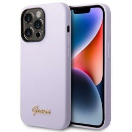 iPhone 14 Pro 6.1 violetinės/violetinės spalvos deklas Guess GUHCP14LSLSMU Silikono aukso spalvos logotipas