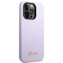 iPhone 14 Pro Max 6,7 violetinės/violetinės spalvos deklas Guess GUHCP14XSLSMU Silikono aukso logotipas