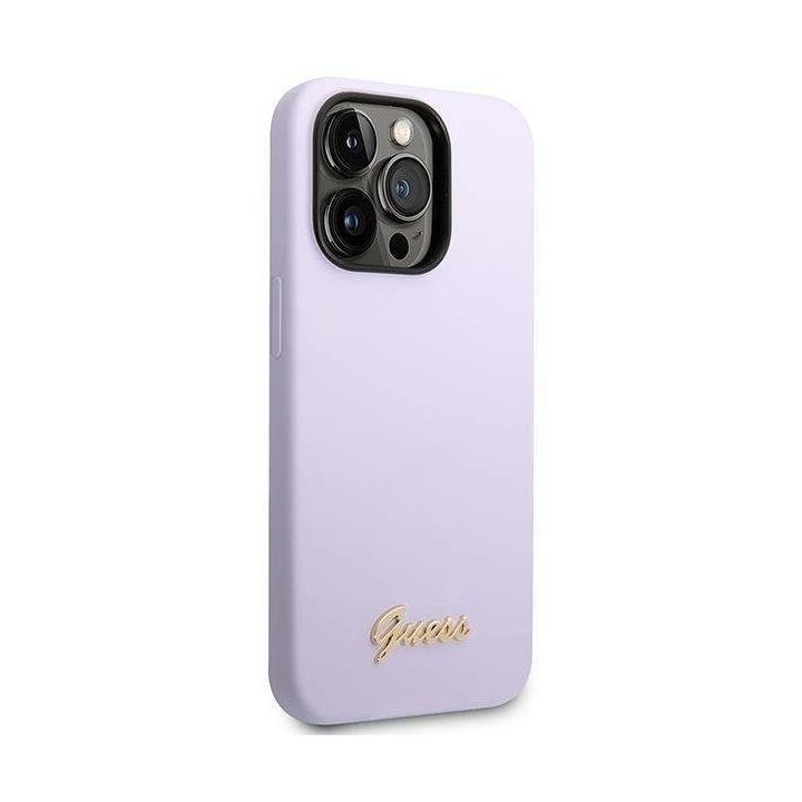 iPhone 14 Pro Max 6,7 violetinės/violetinės spalvos deklas Guess GUHCP14XSLSMU Silikono aukso logotipas