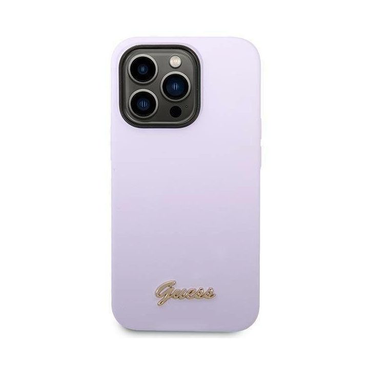 iPhone 14 Pro Max 6,7 violetinės/violetinės spalvos deklas Guess GUHCP14XSLSMU Silikono aukso logotipas