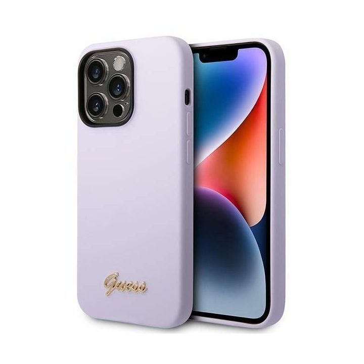 iPhone 14 Pro Max 6,7 violetinės/violetinės spalvos deklas Guess GUHCP14XSLSMU Silikono aukso logotipas