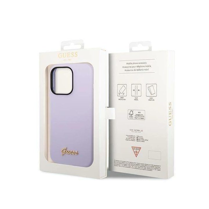 iPhone 14 Pro Max 6,7 violetinės/violetinės spalvos deklas Guess GUHCP14XSLSMU Silikono aukso logotipas