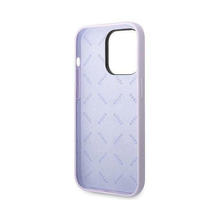 iPhone 14 Pro Max 6,7 violetinės/violetinės spalvos deklas Guess GUHCP14XSLSMU Silikono aukso logotipas
