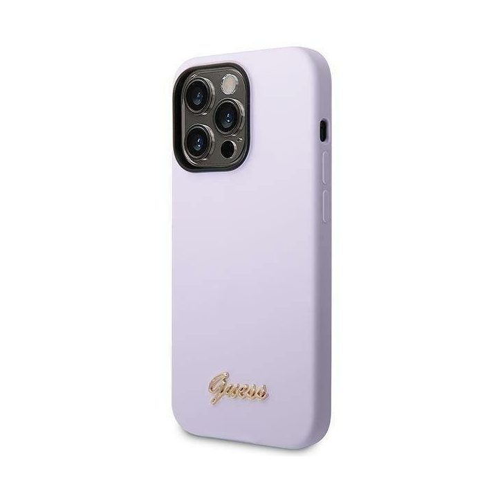 iPhone 14 Pro Max 6,7 violetinės/violetinės spalvos deklas Guess GUHCP14XSLSMU Silikono aukso logotipas