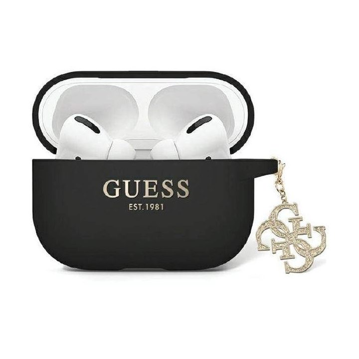 AirPods Pro 2 Guess GUAP2LECG4K dėklas - juodas Skystas silikonas su blizgučiais ir trikampiu