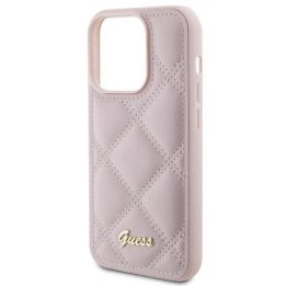iPhone 15 Pro - rožinis Guess dygsniuotas metalinis dėklas su logotipu