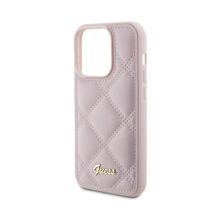 iPhone 15 Pro - rožinis Guess dygsniuotas metalinis dėklas su logotipu