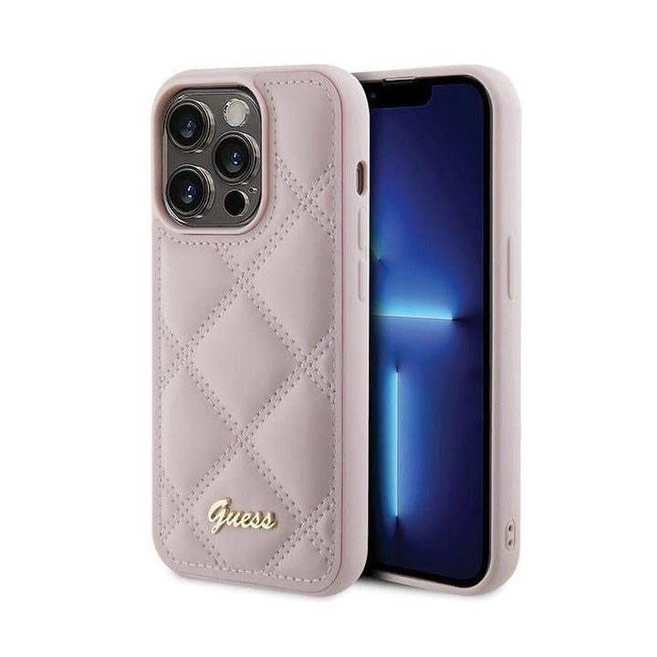 iPhone 15 Pro - rožinis Guess dygsniuotas metalinis dėklas su logotipu