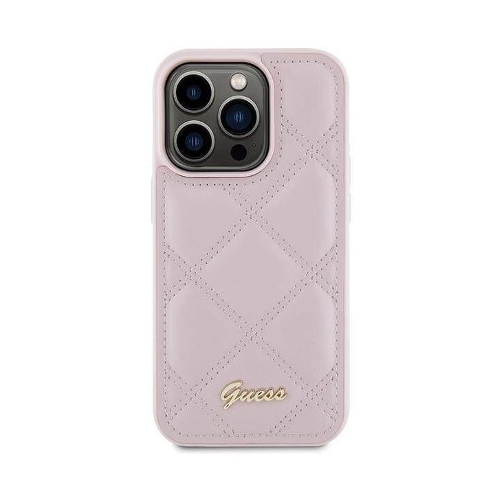 iPhone 15 Pro - rožinis Guess dygsniuotas metalinis dėklas su logotipu