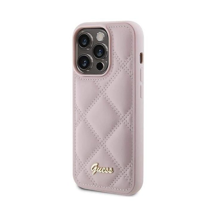 iPhone 15 Pro - rožinis Guess dygsniuotas metalinis dėklas su logotipu