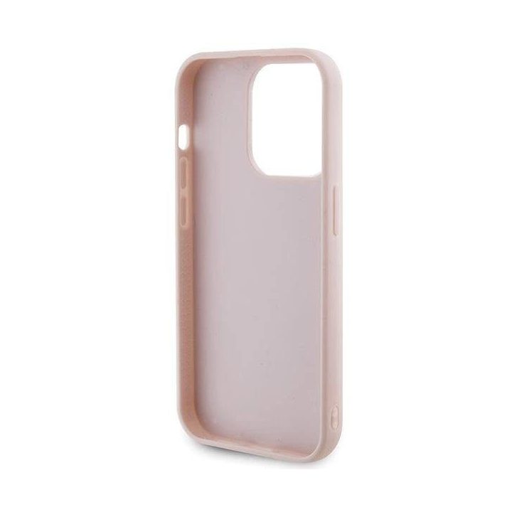 iPhone 15 Pro - rožinis Guess dygsniuotas metalinis dėklas su logotipu