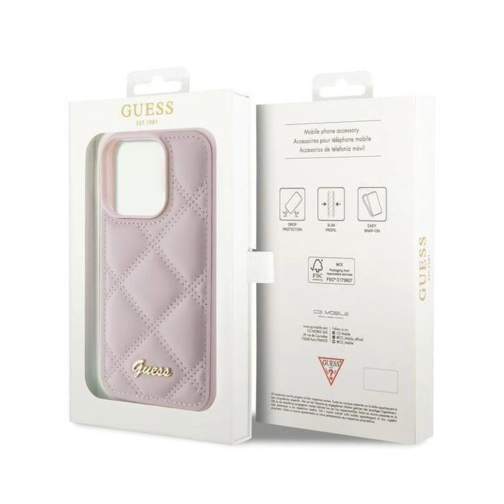 iPhone 15 Pro - rožinis Guess dygsniuotas metalinis dėklas su logotipu