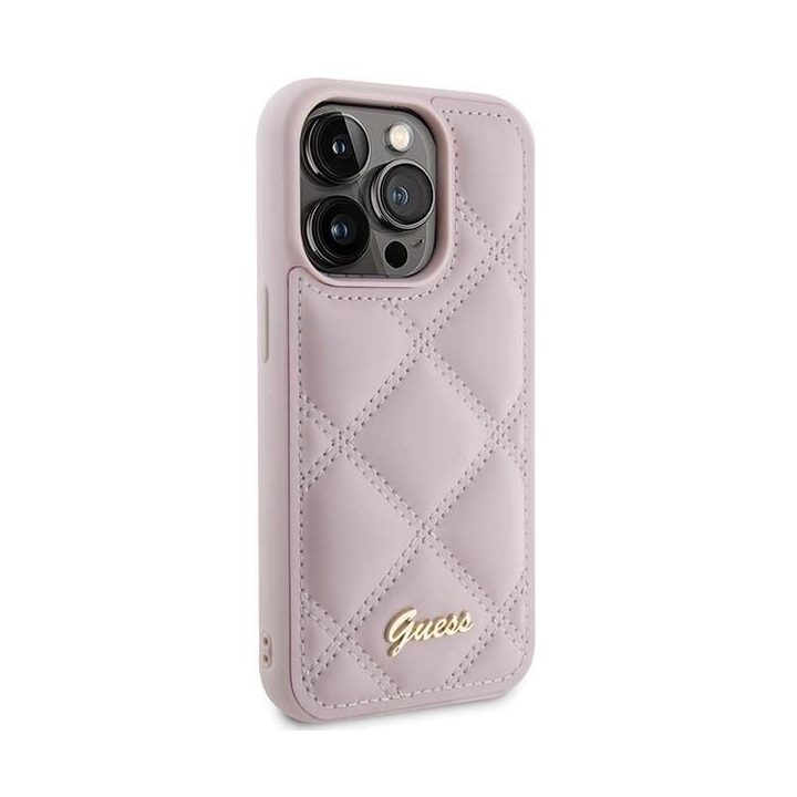 iPhone 15 Pro - rožinis Guess dygsniuotas metalinis dėklas su logotipu