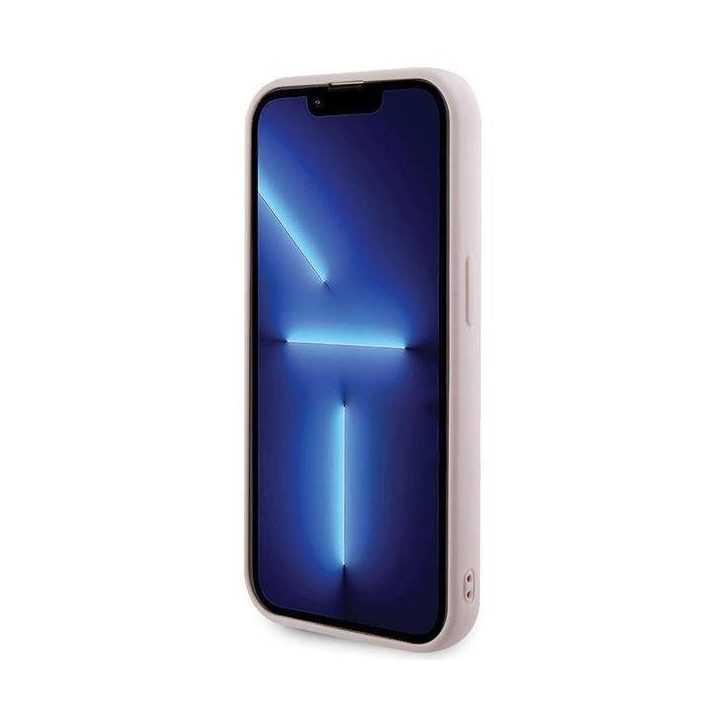 iPhone 15 Pro - rožinis Guess dygsniuotas metalinis dėklas su logotipu