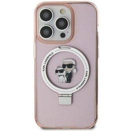 Karl iPhone 15 Plus - rožinis Lagerfeld žiedo stovas Karl&Choupette MagSafe dėklas